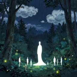 highly detailed illustration of a forest with fireflies and rain at night, clouds, abstract minimalist white sculpture, by makoto shinkai, by moebius, by oliver vernon, by joseph moncada, by damon soule, by manabu ikeda, by kyle hotz, by dan mumford, by otomo, 4 k resolution