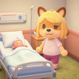 isabelle from animal crossing visiting a blond woman that just gave birth in a hospital room