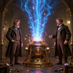 ( ( ( ( nikola tesla ) ) ) ) ) testing the antigravity machine ( ( steampunk ) ) octane renderer 8 k sparsely lit art by artgerm and greg rutkowski and alphonse mucha, plasma rays, sparks