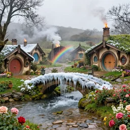 spring festival at medieval hobbit village, ornate, beautiful, atmosphere, vibe, mist, smoke, fire, chimney, rain, wet, pristine, puddles, waterfall, melting, dripping, snow, creek, moss, ice, bridge, rainbow, cobble, jungle, roses, flowers, color page, 4 k, contest winner