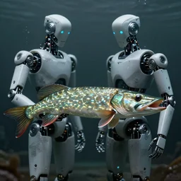 robotic pike fish, glowing veins, subsurface scattering, underwater, boston dynamics, by gerald brom, by mikhail vrubel, by peter elson, muted colors, extreme detail, trending on artstation, 8 k