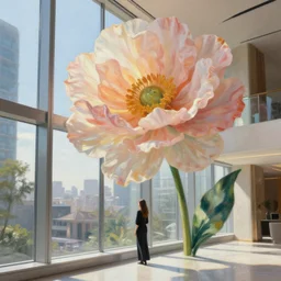 closeup, huge flower head, woman standing by tall modern windows, luxury apartment, surreal photography, sunlight, impressionist painting, digital painting, artstation, simon stalenhag