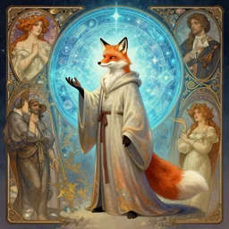 an anthropomorphic fox wizard wearing long flowing robes, a magical portal behind him, character illustration by greg rutkowski, thomas kindkade, alphonse mucha, loish, norman rockwell