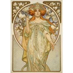 realistic detailed Art Nouveau lithograph portrait of Jennifer Connelly wearing a flowing medieval dress and an elaborate jeweled headdress, surrounded by blossoming magnolia branches by Alphonse Mucha, Edmund DuLac, and Mark Brooks with elaborate frame border