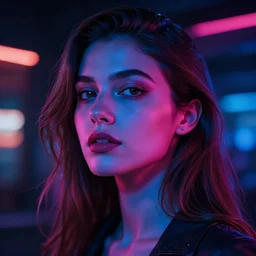 portrait of woman, head and shoulders shot, neon portrait, low light, neon photography, by brandon woelfel, highly detailed, 4 k, night view mode