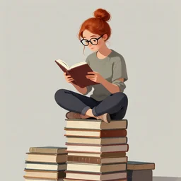 a young woman with red hair in a bun and glasses sits cross legged on top of a tall pile of books. she is reading. clean pretty cartoon painting, beautiful detailed face. by artgerm and greg rutkowski and lois van baarle