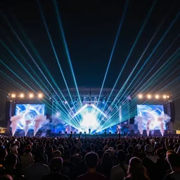 a laser light show at an electronic edm concert with smoke effects and a large crowd