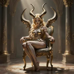 succubus on a chair in the room, blond hair, horns in a semicircle, d & d, by martina fackova, fantasy, intricate, elegant, digital painting, artstation, concept art, smooth, sharp focus, illustration, hyper detailed, weta digital, ray trace, unreal engine, cinematic