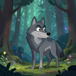 a cartoonish grey wolf is lurking in a mystical forest full of wonders, pine trees, magical atmosphere, trending on artstation, 3 0 mm, by noah bradley trending on artstation, deviantart, high detail, stylized portrait