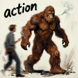 raging bigfoot, smoking meth, painting by phil hale, fransico goya, david lynch,'action lines '!!!, graphic style, visible brushstrokes, motion blur, blurry