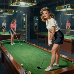 a photorealistic highly detailed painting of a female vintage 1 9 5 0's game show playing golf made of mirrors by johfra bosschart, lisa frank, kinkade, visionary art, dark fantasy art, high detail, trending on artstation