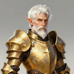 portrait, 40 years old :: fantasy dwarf, thin :: beard, brown eyes, short pure white hair :: full plate armor litely golden :: high detail, digital art, RPG, concept art, illustration