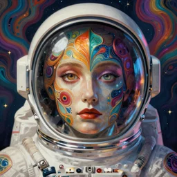 An extremely psychedelic experience, colorful, surreal, dramatic lighting, cosmonaut, LSD, face, detailed, intricate, elegant, highly detailed, digital painting, artstation, concept art, smooth, sharp focus, illustration, art by Sam Spratt, Dan Mumford, Artem Demura and Alphonse Mucha —n 9