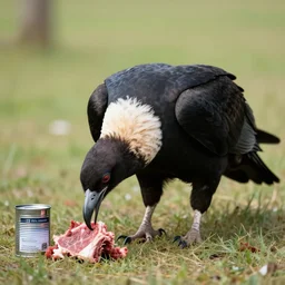condor eating raw meat next to a poison can