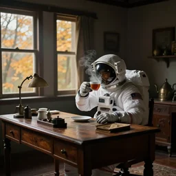 a cosmonaut in a spacesuit drinks a  steaming cup of tea alone at an old wooden desk in a richly decorated keral house. the autumn light comes in through a window and dimly illuminates the room, diffuse light, octane render, 4k, matte painting