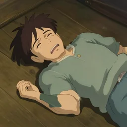 a 50 year old brunnete chinese man lying on the floor and crying, horror scene, dramatic, shot from the top, anime art, Greg Rutkowski, studio ghibli, dramatic lighting