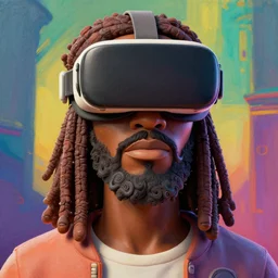 stylish 3 d vfx - drew struzan portrait movie poster - art of an african jesus wearing a vr goggles, art style by james jean & hsiao - ron cheng, unreal engine render, digital illustration, sharp, intricate detail, volumetric lighting, ray tracing, soft light, colourful, claymation style, ernie barnes style, symmetry, acrylic on canvas, pinterest, artstation,