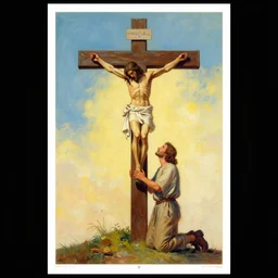 by dean ellis, will barnet beautiful graphic full body portrait, a man kneeling at the base of the christian cross, poster art 1 9 7 0 s illustrated advertising art, painterly character design