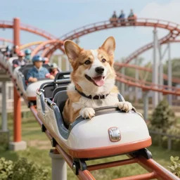 portrait of an happy dog riding a roller coaster
