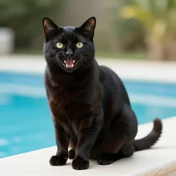 a photograph of a black cat with big sharp teeth sitting by a pool on a sunny day
