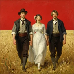 Solomon Joseph Solomon and Richard Schmid and Jeremy Lipking victorian genre painting full length portrait painting of a young cottagecore walking in a wheat field, red background