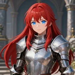 masterpiece character portrait of a young redheaded woman with blue eyes and wearing a armor, medieval background, color page, 4 k, full original resolution, tone mapping, mizuryuu kei, akihiko yoshida, pixiv, 巨 乳, visual novel cg