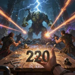 an epic battle in dream scape, as a hand tosses a d 2 0 onto a the table. in the dreamscape shows fighting, lightning hitting an orc, magic shooting forth from different directions, artstation, artgerm, greg rutkowski and alphonse mucha 8 k