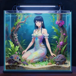 southeast asian scifi alchemist in an aquascaped freshwater aquarium, wearing a lovely dress with vaporwave elements. this oil painting by the award - winning mangaka has an interesting color scheme and impeccable lighting.