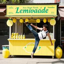 a man roundhouse kicks a lemonade stand