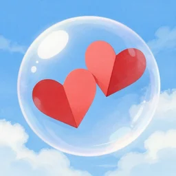 two red paper hearts in a clear spherical bubble. blue sky with clouds background. illustration, artstation, watercolour