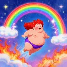 severely overweight cherubs flying through electric rainbows, fluffy clouds, inferno, high fantasy, bright colors, in the style of of lisa frank