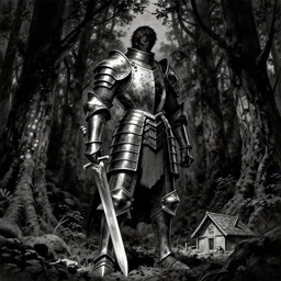man, plate armor, big sword, dark forest, alone in the woods, rotogravure, dark, majestic, powerful, dark fantasy manga artstyle, by julius schnorr von carolsfeld and kentarou miura, small cabin
