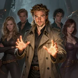 robert pattinson with gorgeous long hair in trenchcoat with magical glowing hands, digital painting, d & d, fantasy, highly detailed, digital painting, trending on artstation, concept art, sharp focus, illustration, global illumination, shaded, art by artgerm and greg rutkowski and fuji choko and viktoria gavrilenko and hoang lap