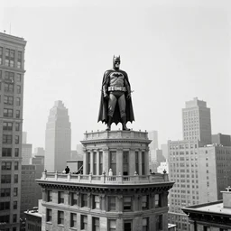 old black and white photo, 1 9 1 3, depicting batman from dark knight on top of buildings of new york city, rule of thirds, historical record