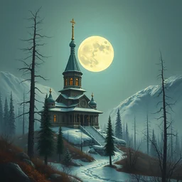 temple of the moon in taiga. highly detailed, digital painting, watercolor, soviet realism, engraving, artstation, concept art, smooth, sharp focus, vivid grunge, manga, illustration, unreal engine 5, 8 k, art by bilibin and kuvshinov and malevich and mucha