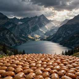 lakeside mountains, made of baked beans