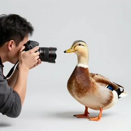 a real duck photographer holding a camera, the photographer is a duck, the duck is standing in front of a sun set, ultra realistic, 8 k