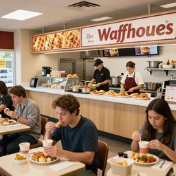 busy wafflehouse interior with customers eating breakfast and wafflehouse employees serving food and cooking behind countertop
