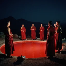 a group of priests standing around a forbidden bright red pool on top of a mountain, nighttime, canon 5 0 mm, cinematic lighting, photography, retro, film, kodachrome