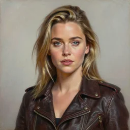 beautiful oil on canvas portrait of beautiful Emilia Clarke with invitin expression in sons of anarchy tv show, wearing samcrow leather jacket, D&D style , highly detailed, digital art, trending on artstation, smooth, sharp focus, illustration, art by artgem and ROBERT HYNES
