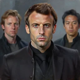 painting of Emmanuel Macron dressed as Arcann in Star Wars, sharp focus, waist up, trending on ArtStation, masterpiece, by Greg Rutkowski, by Ross Tran, by Fenghua Zhong, octane, clear eyes, soft render, clear facial features, oil on canvas, moody lighting, cinematic, professional environment concept art