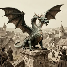 very old photo of dragon attacking the medieval village