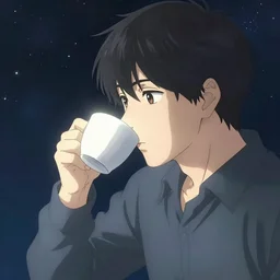 A man drinking a cup of cosmic energy bright light by Masafumi Harada, 4k, digital art, surreal, anime style, space dandy style, highly detailed, godsend, artstation