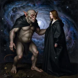 a goblin monster and a woman in a black cloak, in a nebula, by Rogier van der Weyden