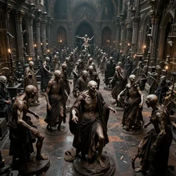 evil souls being mass - produced on gothic - baroque production line, detailed, intricate, advanced, fantastic reality, caravaggio, 8 k resolution
