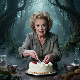 betty white baking a cake horror atmospheric fog eldritch nightmare ancient forest vines