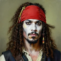 very detailed painting of an white skin african pirate with red headband and curly hair, featured in artstation, concept art by Greg Rutkowski, WLOP, Dan Mumford, Christophe Vacher