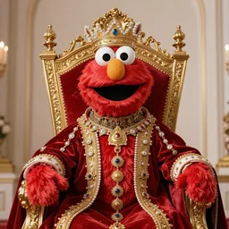 regal Elmo sitting on queens throne royalty wearing royal mantle gold jewelry by alex ross
