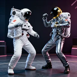 astronaut with a ghetto blaster, dance battle with daft punk