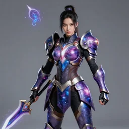 photo of a female warrior with galaxy colored armour and weapons